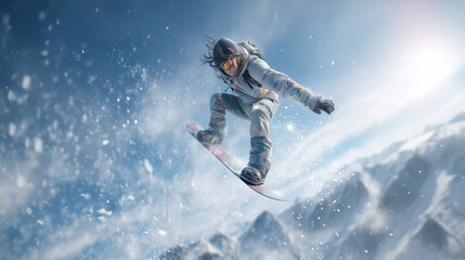 Snowboarder jumping high in winter mountain with dynamic action