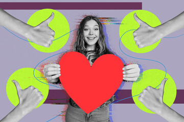 Full 3d sketch pop image collage of happy girl hold heart postcard icon valentine day celebration hands show thumb-up gesture