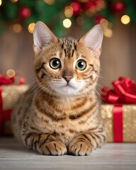 Christmas and New Year Ornament for Animal Festive A playful Bengal cat posing with festive decorations during the holiday season. Luxury Christmas