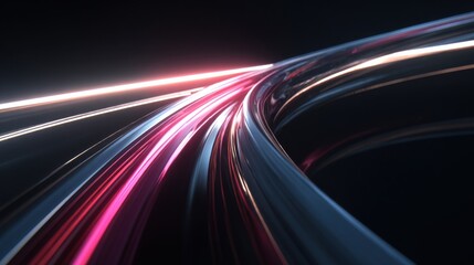 Bright light trails in pink and silver create a vibrant, abstract pattern against a dark background. The flowing lines suggest motion and energy in a modern setting.