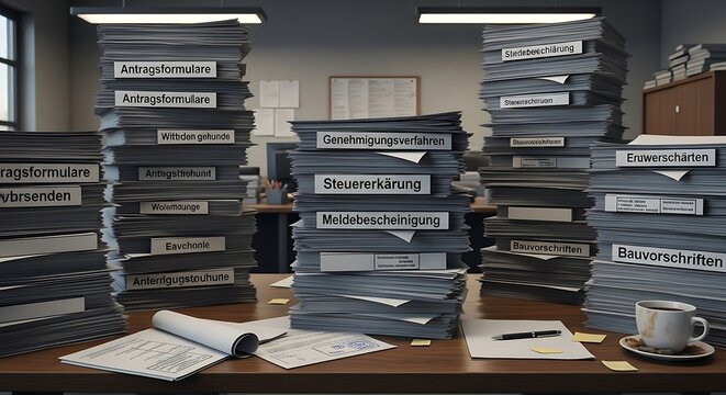 Stacks of files and documents on desk in office.