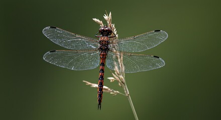 Close up of dragonfly perched on plant stem against a blurred background