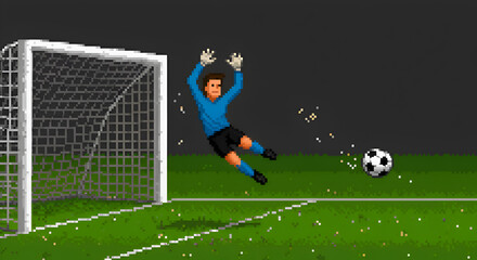 Pixel Art Soccer Goalkeeper Diving to Save Ball in Dark Night Scene