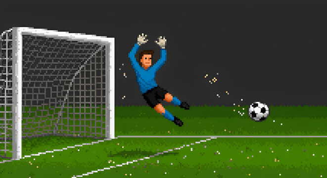 Pixel Art Soccer Goalkeeper Diving to Save Ball in Dark Night Scene