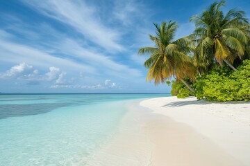 Paradise Beach: Sun-kissed sandy beach, a captivating view of azure water meeting a cerulean sky, creating a picturesque escape for anyone. 