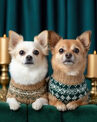 Christmas and New Year Ornament for Animal Festive Two stylish chihuahuas in cozy sweaters posing together in a festive setting. Luxury Christmas