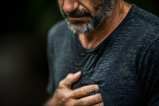 Close-up of an older man holding his chest, suggesting discomfort or heart-related pain, conveying themes of health, aging, and medical awareness.
