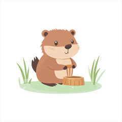 Cute groundhog digging a hole in the ground.  A cartoon illustration of a small, cheerful groundhog,  sitting and digging with its paws