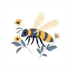 Cute bee in a floral setting. A cheerful bee with yellow and dark stripes is surrounded by small, simple flowers and leaves, creating a vibrant yet delicate illustration