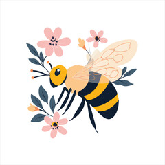 Cute bee surrounded by flowers