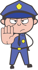 Cartoon police officer illustration, law enforcement character, stop hand gesture, authority figure drawing,