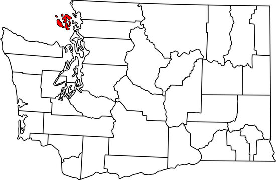 Detailed vector map of Washington, USA, highlighting San Juan County, the scenic Puget Sound islands.

