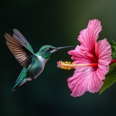 Obraz premium Hummingbird and Hibiscus: Capturing a moment of pure elegance as a vibrant hummingbird delicately hovers near a large, open hibiscus flower, revealing the intricate beauty of nature's design. 