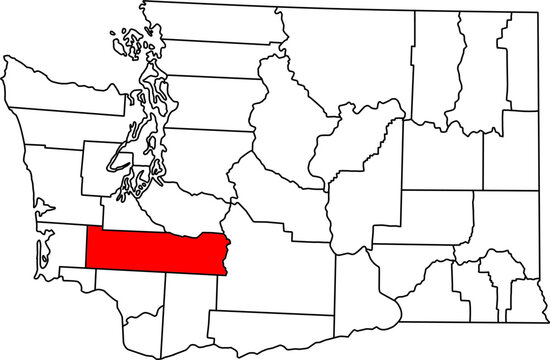Detailed vector map of Washington, USA, highlighting Lewis County, bordering Mount Rainier and Mount St. Helens.

