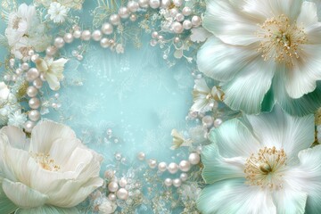 Delicate white flowers and pearls create a stunning arrangement against a soft blue background suited for elegant invitations or decorations.