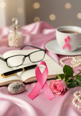 Pink ribbon symbol of breast cancer awareness sits on a satin cloth next to a cup of coffee and a book