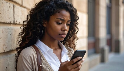 Fototapeta premium Young woman holding a mobile phone, looking at the screen with a sad facial expression