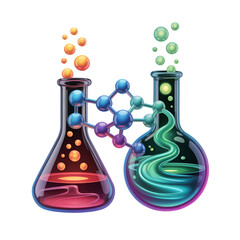 Chemical Reaction Illustration with Two Flasks and Molecular Structure chemistry science