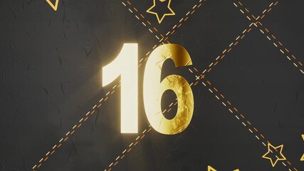 Black and golden advent calendar number 16, with a simple design