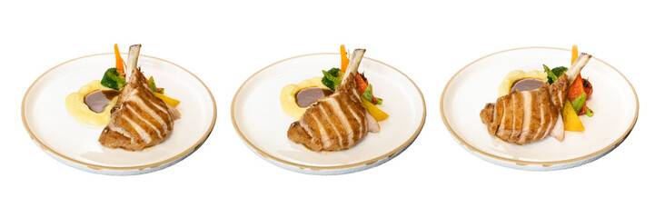 Exquisite Lamb Chops Presentation: A trio of perfectly cooked lamb chops artfully arranged on elegant plates, showcasing culinary artistry and the beauty of fine dining.