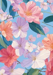 Bright and lively flowers bloom in shades of pink, purple, and white against a soft blue background. This vibrant scene captures the essence of spring and natures beauty.
