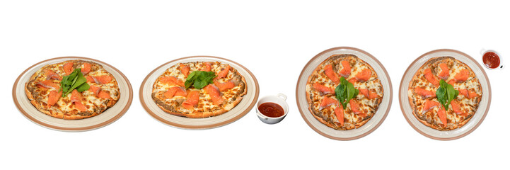 Pizza Delight: An appetizing display of gourmet pizzas, each artfully garnished with fresh basil, resting on elegant plates and accompanied by a vibrant, red sauce, exuding culinary excellence.