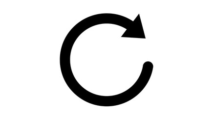 Black arrow isolated on white background, arrow png. Black circular arrow pointing clockwise, isolated on a white background, indicating rotation or refresh.