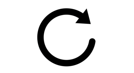 Black arrow isolated on white background, arrow png. Black circular arrow pointing clockwise, isolated on a white background, indicating rotation or refresh.