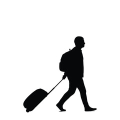 Silhouette of a traveler with luggage and backpack walking in a minimalistic style against a white background perfect for emphasizing travel themes transportation and modern lifestyle concepts 