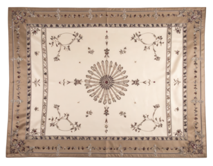Detailed overhead shot showcases a rectangular fabric with ornate floral and geometric patterns.