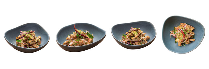 Exquisite Culinary Quartet: A top-down perspective showcases a delectable ensemble of culinary delights artfully arranged in elegant, organically-shaped bowls.