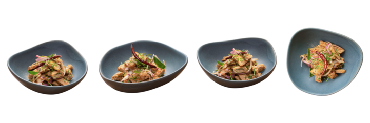 Exquisite Culinary Quartet: A top-down perspective showcases a delectable ensemble of culinary delights artfully arranged in elegant, organically-shaped bowls.