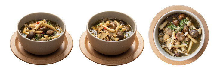 Gourmet Soup Trio: An appetizing trio of meticulously arranged bowls of soup, each presenting a different perspective, showcasing a culinary creation with captivating textures and flavors.