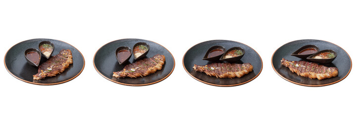 Gourmet Steak Plating: An appetizing culinary presentation showcases exquisitely plated steaks, accompanied by artful sauces, inviting a sensory experience.