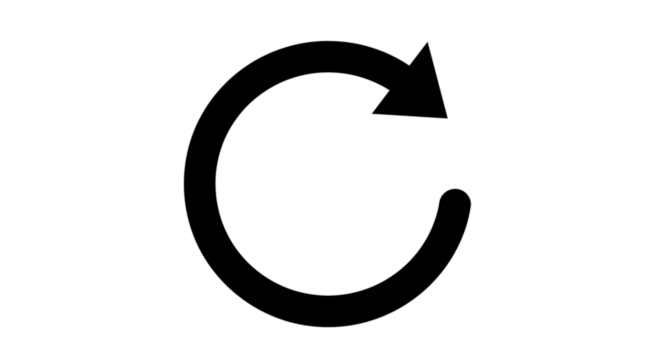 Black arrow isolated on white background, arrow png. Black circular arrow pointing clockwise, isolated on a white background, indicating rotation or refresh.