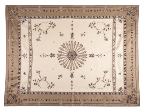 Detailed overhead shot showcases a rectangular fabric with ornate floral and geometric patterns.