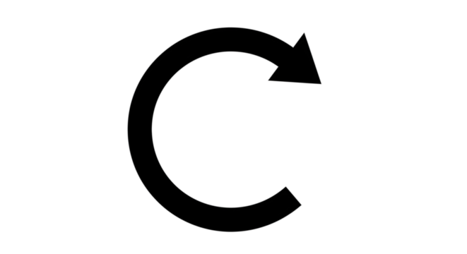 Black arrow isolated on white background, arrow png. A simple black arrow curving clockwise, indicating a circular movement on a white background.