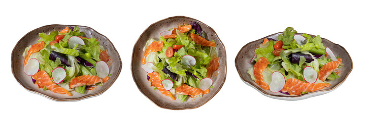 Fresh Seafood Salad: A vibrant and appetizing shot showcasing the components of a healthy salad featuring fresh salmon, vegetables, and herbs, artfully arranged in a photorealistic style.