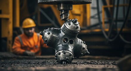 Drilling equipment close up with worker blurred background in industrial setting
