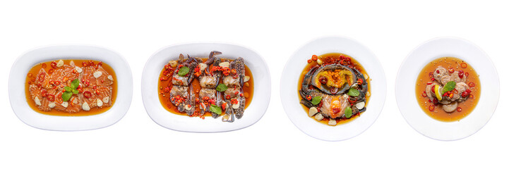 Gastronomic Delights: An overhead shot captures a series of meticulously presented plates showcasing culinary creativity and flavorful combinations
