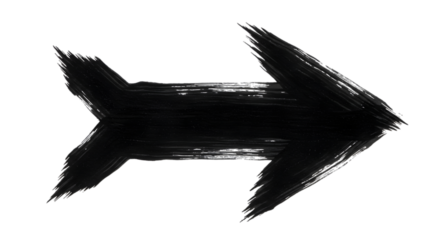 Black arrow isolated on white background, arrow png. A black arrow pointing right, created with brush strokes, isolated on a white background.