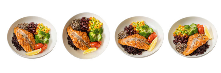 Salmon Dish Composition: A delightful and appetizing top-down view showcasing a set of perfectly arranged salmon dishes, each plate bursting with a rainbow of colors and flavors.