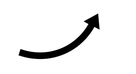 Black arrow isolated on white background, arrow png. A black curved arrow pointing upwards, indicating growth or direction on white background.
