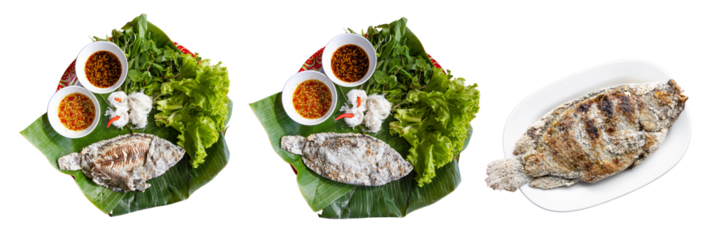 Grilled Fish Culinary Delight: A trio of meticulously presented grilled fish dishes, showcasing succulent culinary mastery with vibrant garnishes, creating a visual feast for the eyes and appetite.