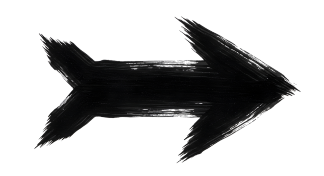 Black arrow isolated on white background, arrow png. A black arrow pointing right, created with brush strokes, isolated on a white background.