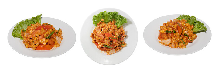 Delicious Dish Trio: Appetizing presentations of a vibrant dish on clean white plates, with fresh lettuce leaves adding a touch of greenery. A culinary delight perfect for any food-related project.