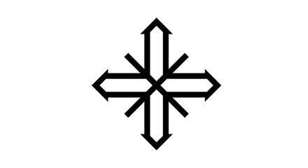 A symmetrical black and white graphic design featuring arrow shapes pointing outwards from a central point.