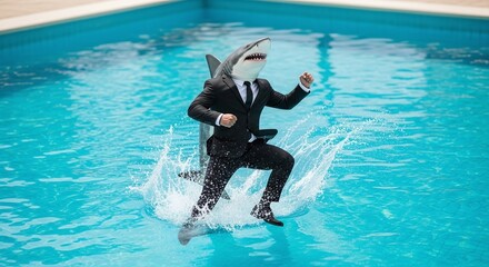 Business Shark Man in Suit Running Through Water with Energetic Splash