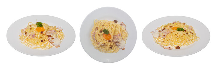 Pasta Paradise: Three plates showcase the tempting allure of the classic pasta dish, each elegantly garnished and inviting, a feast for the eyes and a promise of deliciousness.