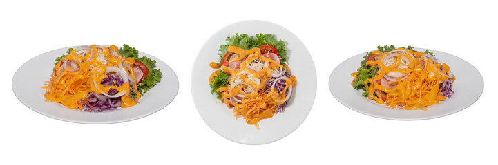 Culinary Trio: Three appetizing servings of a vibrant salad on pristine, round plates, showcasing the fresh ingredients.